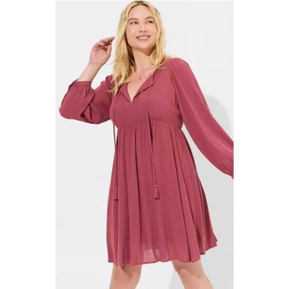 Torrid Women's 00 M/L Gauze Fit & Flare Dress Tie Neck Maroon Pink Mini Pockets